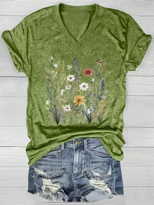 2025 Spring/Summer New Floral Print V-Neck Loose Short Sleeve Top, Suitable For Spring/Summer Casual And Homewear, Machine Washable - Green - View 2