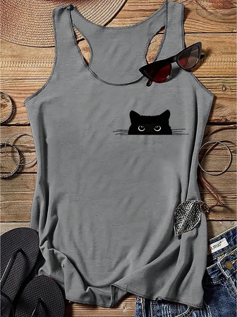 大码女式图案印花圆领无袖背心，休闲夏季背心