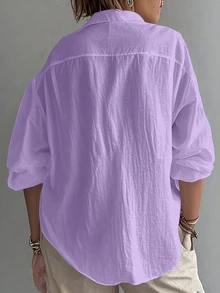 女士纯色衬衫，休闲长袖主教袖衬衫领常规款上衣，日常纽扣门襟春季款 - 紫色 - 查看 3