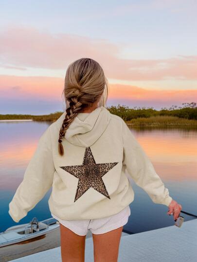 Blusa de moletom térmica casual com estampa de leopardo e estrelas, ideal para meninas e pré-adolescentes, essencial para estudantes no outono/inverno, adequada para crianças pequenas, com mangas compridas e tecido grosso, feita para sonhadoras que perseguem o brilho das estrelas!