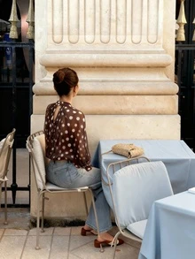 Women's Elegant Casual Fashion Coffee Brown Polka Dot Pattern Blouse - Bow Tie, Lantern Sleeve, Loose, Pleated, Semi-Sheer Summer - Coffee Brown - View 3