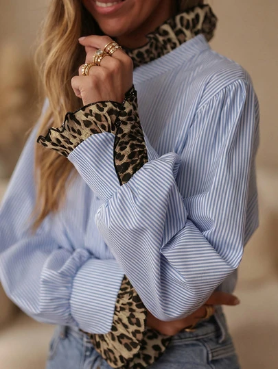 1pc Polyester Striped & Leopard Print Patchwork Button Down Collared Shirt, Suitable For Vacation, Spring/Autumn