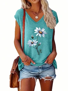 2 piezas Camiseta de cuello en V de unicolor, camiseta de manga corta casual para mujer, primavera/verano - Multicolor - Ver 5