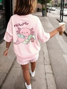 1pc Tween Girl Cartoon Print Short Sleeve Pullover T-Shirt, Comfortable & Fashionable Summer Top For Students & Young Ladies' - Pink - View 3