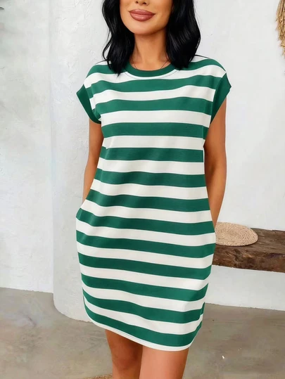 Vestido camiseta de cuello redondo a rayas para mujer, minifalda suelta de manga corta a contraste de rayas, ajuste relajado casual (se recomienda talla inferior), estilo elegante adecuado para primavera/verano, diario, citas, viajes