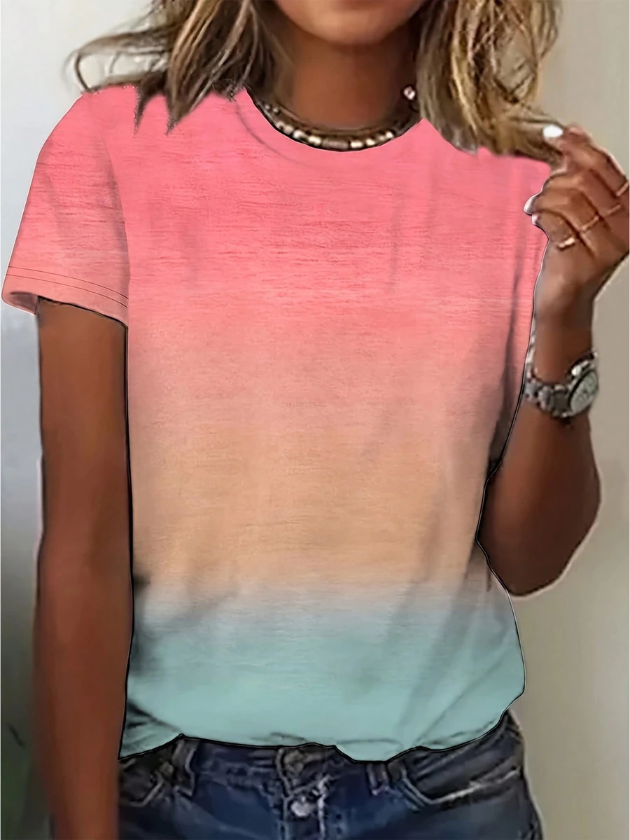 2025 Spring/Summer New Random Print Round Neck Loose Casual Women Tops Tee, Comfortable & Fashionable - Suitable For Spring/Summer Daily And Home Wear