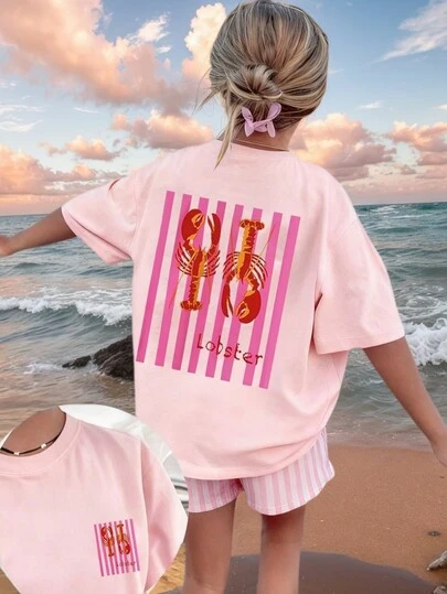 1pc Tween Girls' Tropical Lobster Print Short Sleeve Pullover T-Shirt, Student Youth Apparel, Suitable For Beach Play