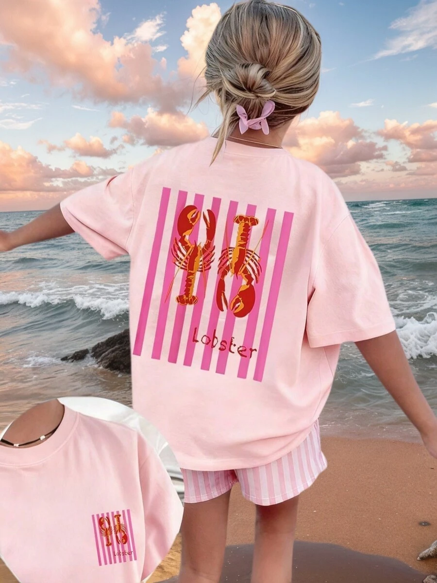 1 件 Tween 女童热带龙虾印花短袖套头 T 恤，学生青少年服装，适合海滩玩耍