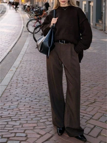 SMILE CHIC 复古风高腰棕色女式长裤，宽松显瘦，适合工作通勤和日常穿着，秋冬季款 - 棕 - 查看 2