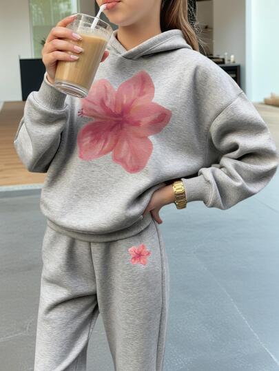 2pcs/Set Tween Girls Floral Print Thermal Lined Hoodie & Pants Set, Warm Long Sleeve Sweatshirt And Trousers Outfit For Autumn/Winter, Soft And Comfortable Children Hooded Sweatshirt And Pants Two Pieces