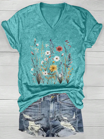 2025春夏新款碎花V领宽松短袖上衣，适合春夏休闲居家装，可机洗