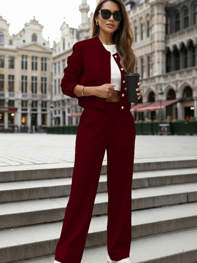 Women's Casual Elegant Fashion Solid Color Collared Button-Up Jacket And Pockets Long Pants 2-Piece Set, Suitable For Office, Commute, And Daily Wear, Long Sleeve Spring