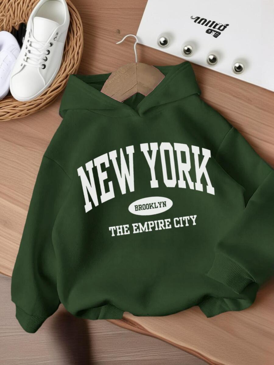 一件少女休闲印花套头卫衣，保暖内衬，适合上学、休闲、秋冬季穿着。 - 綠色 - 查看 1