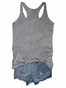 Áo ba lỗ cổ tròn in họa tiết đồ họa cỡ lớn cho nữ, Áo ba lỗ mùa hè thường ngày - Màu Xám nhạt - Xem 3