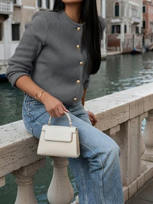 女装秋冬新款法式浪漫休闲百搭简约优雅针织开衫 - 深灰色 - 查看 4