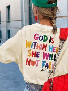 1件少女休闲彩色印花圆领长袖T恤，秋季学生少女服装 - 这款色彩鲜艳的印花T恤一定会让孩子们笑容满面。“上帝在她里面，她必不跌倒”情人节服装 - 杏色 - 查看 4