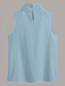 Damen Bluse mit hohem Kragen, ärmellos, einfarbig, locker geschnitten mit Spitzenbesatz, Lässig Sommer - Blau - Übersicht 2
