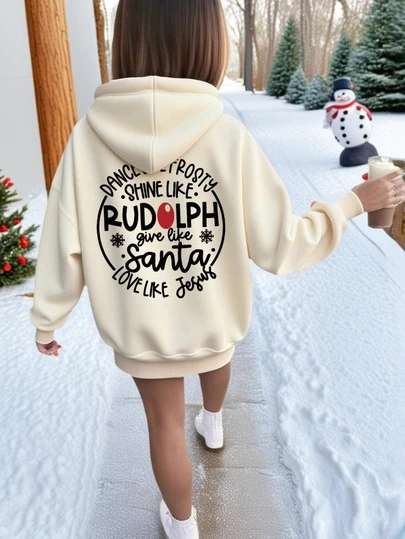 Bluza z nadrukiem świątecznym w płatki śniegu i litery dla nastolatek, codzienna odzież dla młodzieży, długi rękaw, gruby, ciepły, luźny krój, nowość na jesień/zimę