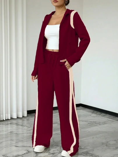 女士春夏休闲长袖拉链上衣和直筒裤套装，秋季休闲拼接两件套，优雅撞色连帽抽绳套装，条纹和纯色休闲口袋拉链抽绳办公/日常穿着春夏秋季套装