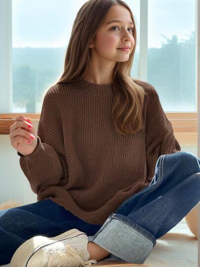 1 件女童休闲厚套头衫，秋冬舒适学生针织衫 - 柔软舒适的纯色毛衣，棕色针织毛衣