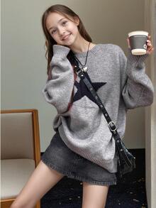 1 件女童休闲厚套头衫，秋冬舒适学生针织衫 - 柔软舒适的纯色毛衣，适合温暖的日子和寒冷的夜晚 - 淺灰色 - 查看 1