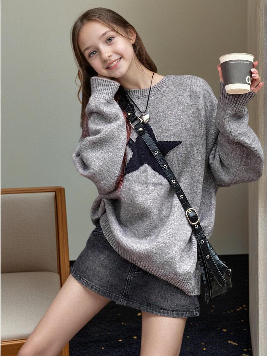 1 件女童休闲厚套头衫，秋冬舒适学生针织衫 - 柔软舒适的纯色毛衣，适合温暖的日子和寒冷的夜晚 - 淺灰色 - 查看 1