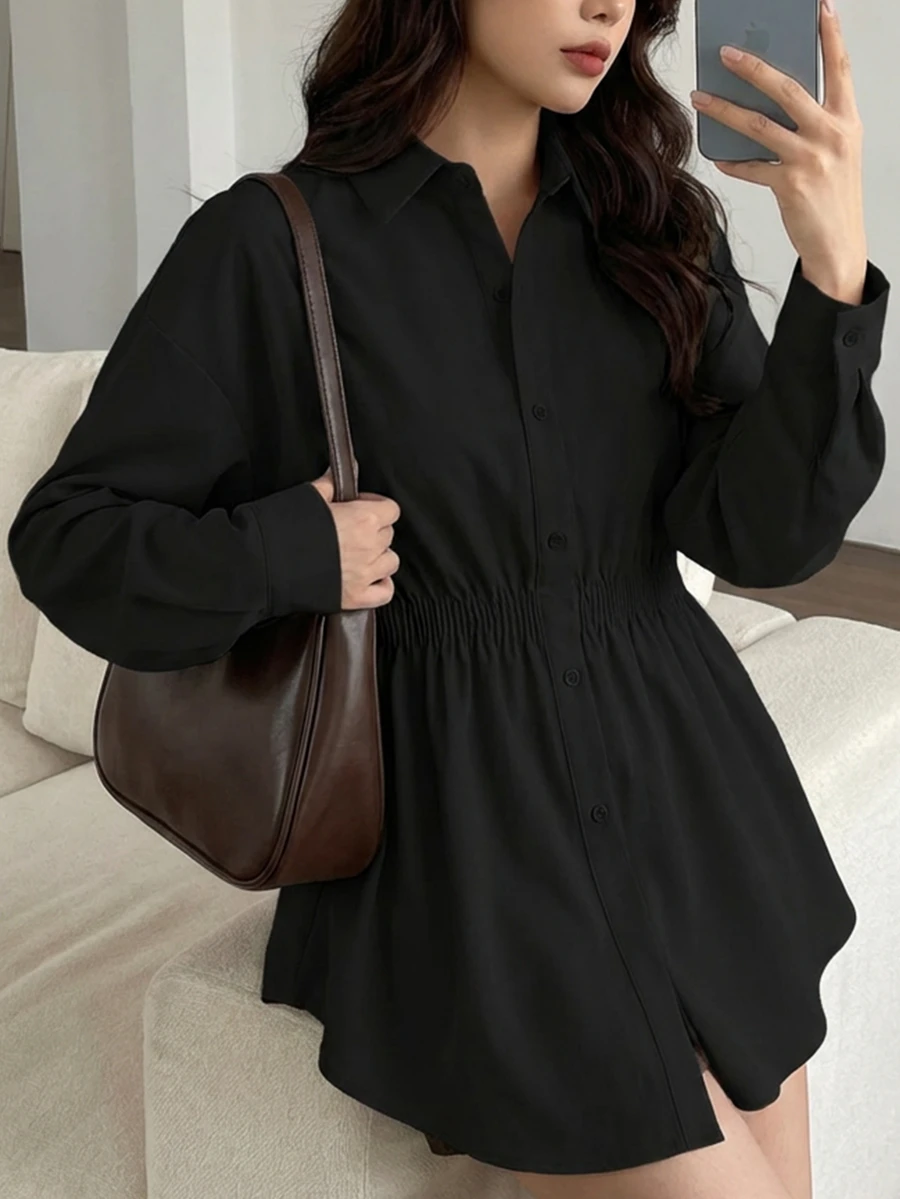 Women's Minimalist Office Fashion Waist Cinching Long Sleeve Shirt, Women's Plus Size Casual Solid Color Waist Cinching Shirt, Women's Autumn Clothing, Casual Daily, Solid Color Woven Fabric Front Button Collegiate Autumn/Winter - Black - View 1