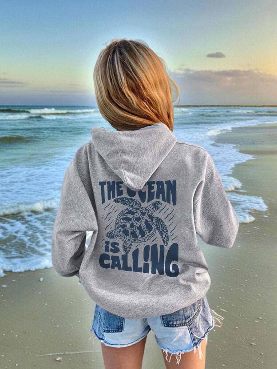 1pc Casual Printed Sweatshirt, Suitable For Girls And Tween Girl, Also For Students In Autumn/Winter. Long Sleeve Thick Fleece Design, Fun Beach Turtle Vacation Style Sweatshirt, Timeless, Suitable For Everyday Wear! - Grey - View 1