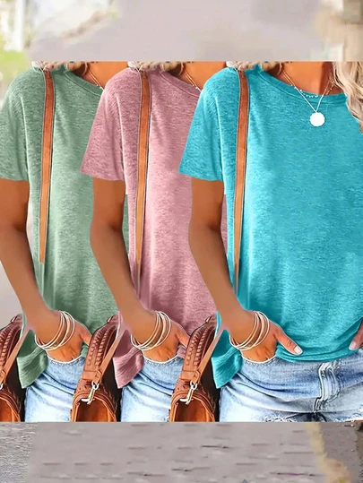 3pcs Plain Round Neck Short Sleeve Loose Casual T-Shirts, Suitable For Spring/Summer Daily And Home Wear, Machine Washable