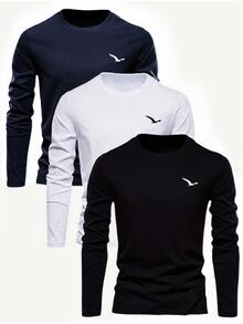 3件套男童休闲印花圆领长袖T恤，秋冬，学生/青少年服装 - Flying Eagle Design，年轻潮流引领者的终极T恤系列 - 黑色 - 查看 2