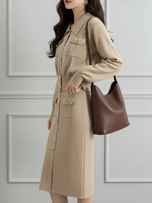 法式时尚优雅秋季女装翻领优质半身裙套装日韩返校季秋冬毛衣女开衫上衣针织修身短裙2件套女套装 - 咖啡棕 - 查看 2