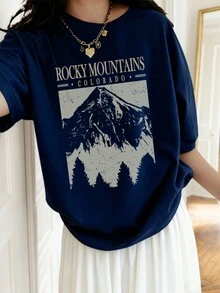 1 件女童风景印花短袖 T 恤，休闲学生舒适时尚夏季上衣 - 藏蓝色 - 查看 3