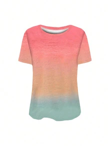 2025 Spring/Summer New Random Print Round Neck Loose Casual Women Tops Tee, Comfortable & Fashionable - Suitable For Spring/Summer Daily And Home Wear - Multicolor - View 4