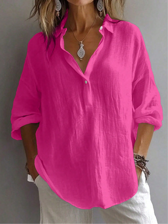 女士衬衫纯色日常休闲长袖主教袖衬衫领常规上衣日常拼布纽扣