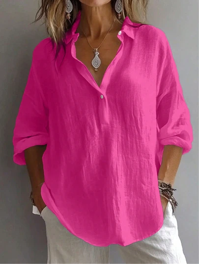 Women's Plus Shirt Solid Color Daily Casual Long Sleeve Bishop Sleeve Shirt Collar Regular Tops Daily Patchwork Buttons