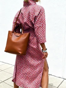 女士七分袖宽松下摆开衩衬衫裙，梭织无弹力落肩宽松衬衫裙，休闲优雅商务时尚连衣裙，适合春夏日常办公和旅行穿着