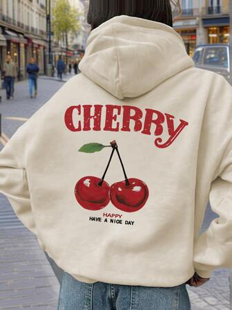 1pc Tween Girls Cherry Print Pullover Hoodie Sweatshirt, Casual, Loose Fit, Warm Thermal Lined, Suitable For Students And Young People, Autumn/Winter