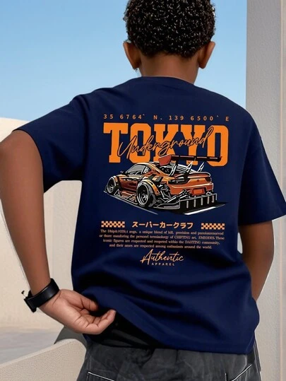 1 件汽车印花短袖 T 恤，适合青少年男孩年轻学生，夏季上衣