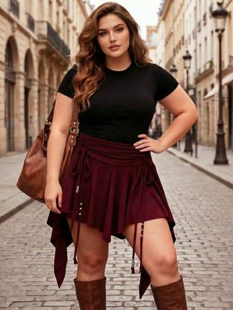 加大码女式不对称抽绳串珠打结下摆半身裙，圣诞节和新年