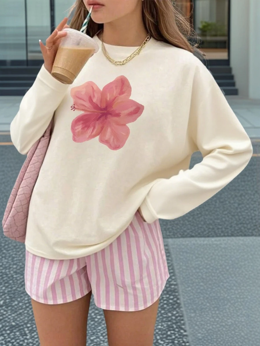 1 件女童休闲花卉印花圆领长袖 T 恤,秋季学生年轻服装 - 花卉印花醒目 T 恤 - 杏色 - 查看 1