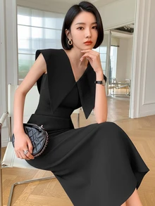 优雅无袖立领黑色连衣裙，适合通勤 - 黑色 - 查看 2