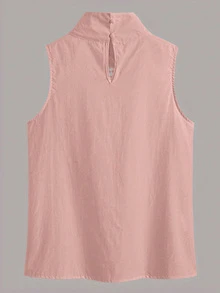 Women High Collar Sleeveless Loose Lace Trim Blouse, Solid Color - Pink - View 2