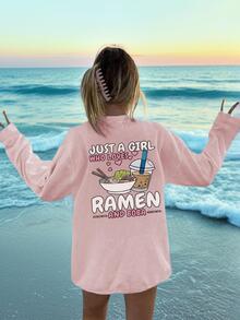 1 件女童休闲拉面印花圆领长袖 T 恤，秋季学生年轻服装上衣 - 美味的面条和珍珠奶茶印花 T 恤会让孩子们微笑，“只是一个喜欢拉面和珍珠奶茶的女孩” - 粉色 - 查看 4