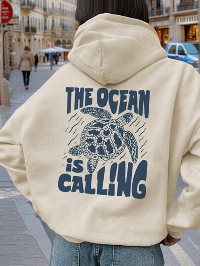 1pc Casual Printed Hooded Sweatshirt, Suitable For Tween Girl And Children, Also For Students In Autumn/Winter. Long Sleeve Thick Fleece Design, Fun Beach Turtle Vacation Style Sweatshirt, Timeless, Suitable For Everyday Wear!