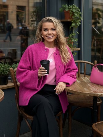 女士法式时尚口袋开衫，袖口口袋翻盖装饰，超大版型，时尚感十足，柔软毛绒面料保暖，抢眼的火龙果色，轻松打造时尚造型，适合休闲外出和咖啡馆光顾，适合时尚前卫的女孩