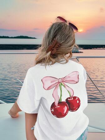 A Dress For Girls With Casual Printed Round Neck Pullover Short-Sleeved T-Shirt For Summer Students' Young Children's Clothing - A Cherry Striking T-Shirt With Bows Will Definitely Make The Children Smile! Summer Tops Tween Girl Clothes Girls Summer Clothes