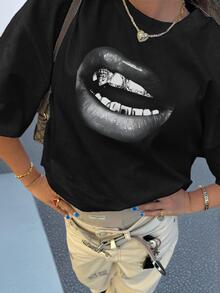 1pc Girls' Casual Letter Print Round Neck Short Sleeve T-Shirt, Summer Student Young Casual Wear - Minimalist English Letter Style T-Shirt Inspiring Imagination And Self-Expression - Black - View 1