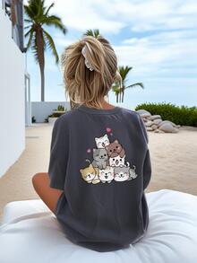 1pc Girls Casual Cat Print Round Neck Short Sleeve T-Shirt, Summer Student Young Clothing - Cute Cat Artistic Style T-Shirt Inspiring Imagination And Self-Expression, Valentine's Day - Dark Grey - View 8