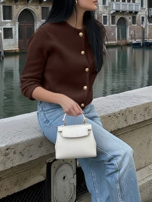 女装秋冬新款法式浪漫休闲百搭简约优雅针织开衫 - 摩卡棕 - 查看 4