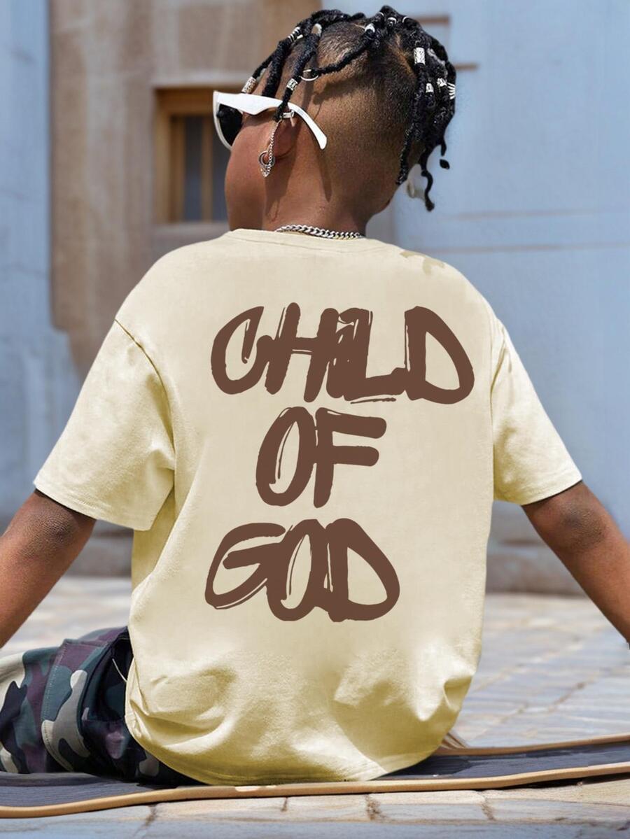 Summer Casual Graphic Round Neck Short Sleeve T-Shirt, Suitable For Boys And Young Students - Fashionable English Letter Pattern T-Shirt, Dedicated To Every Young Explorer! Children's Clothing Boys Graphic Tee - Apricot - View 1